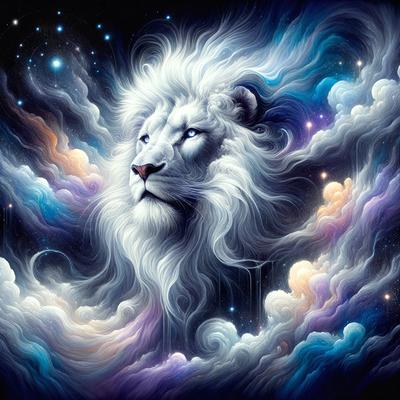 Lion: The primary subject of the image is a lion, which is the main focus of the scene.

Setting/background: The lion is surrounded by a colorful and vibrant background, featuring a cloudy sky and a purple and blue color scheme.

Visual style: The image is a digital art piece, showcasing the lion in a unique and creative manner.

Colors and mood: The dominant colors in the image are purple, blue, and white, creating a sense of tranquility and beauty. The lion's presence adds a sense of power and majesty to the scene.
